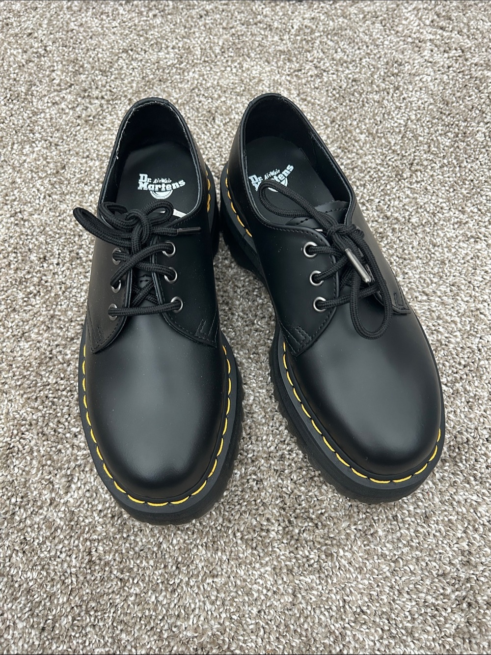 Dr. Martens Black Leather Derby Shoes with Yellow Stitching
